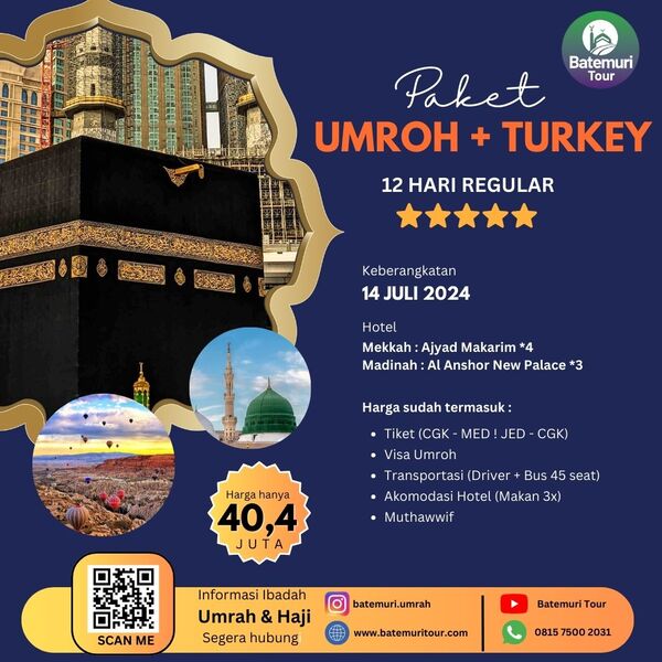 Umrah Plus Turkey 1445H, RH Tour, Paket 12 hari , Keberangkatan 14 Juli 2024